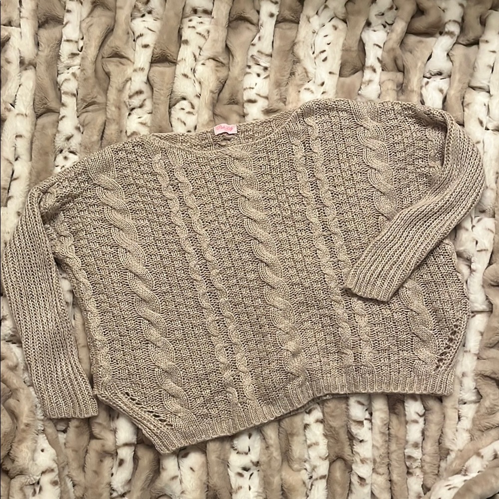 Pink Lily Tan Cable Knit Crew Neck Sweater